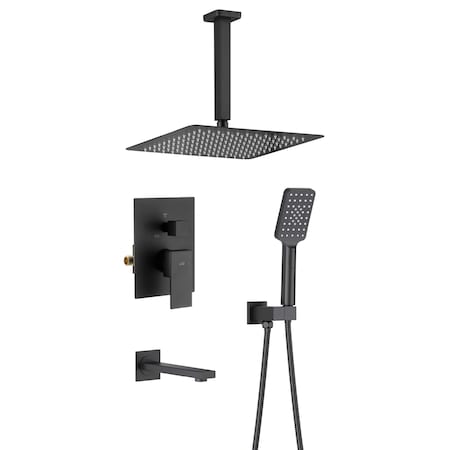 Kibi Cube Pressure Balanced Ceiling Mounted 3-Function Shower System with Rough In Valve - Matte Black KSF413MB